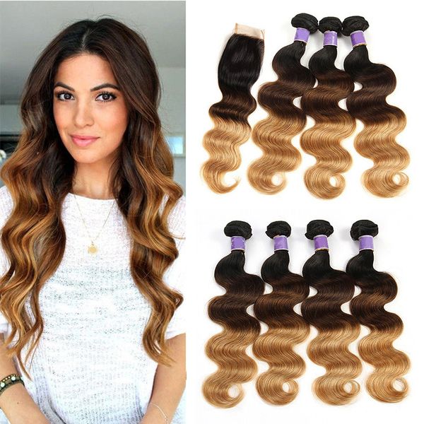 1B / 4/27 # Foncé Brun Brésilien Corps Vague Ombre De Cheveux Humains Weave 3 Bundles avec Fermeture Dentelle Couleur Brésilienne Extensions de Cheveux Vierges