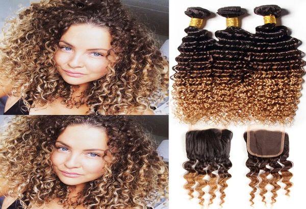 1B 4 27 Honey Blonde Malaysian Ombre Tejidos de ondas rizadas profundas con cierre 4 piezas Lote Tres tonos 3 paquetes con cierre de encaje Ombre 8451372