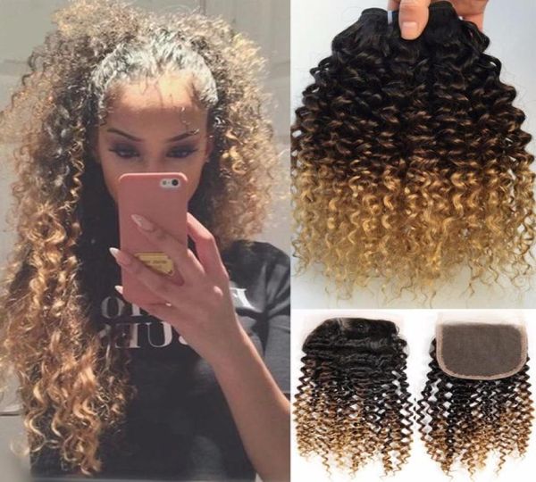 1B 4 27 Miel Blonde Ombre Brésilienne Cheveux Humains Tisse Avec Fermeture À Lacets Vague Bouclée Profonde Trois Tons 3Bundles Avec Fermeture 4Pcs Lot6938826