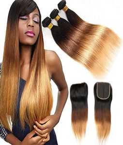 1B 4 27 Ombre Blonde Droite Vierge Brésilienne Cheveux Bundles avec Fermeture Armure 3 Tons Cheveux Humains 3 Faisceaux Avec 44 Fermeture En Dentelle5407035