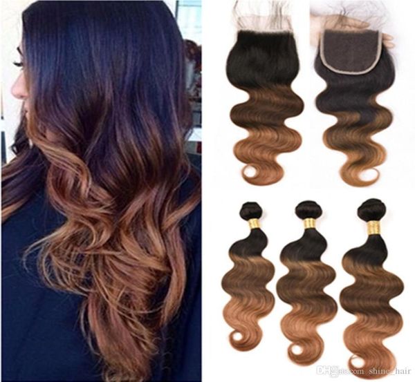 1B 4 30 Auburn mediano ombre ola del cuerpo del cabello humano 3bundles con cierre delantero de encaje 4x4 3tone ombre ombre para tramas de cabello malasio con Closu1228557