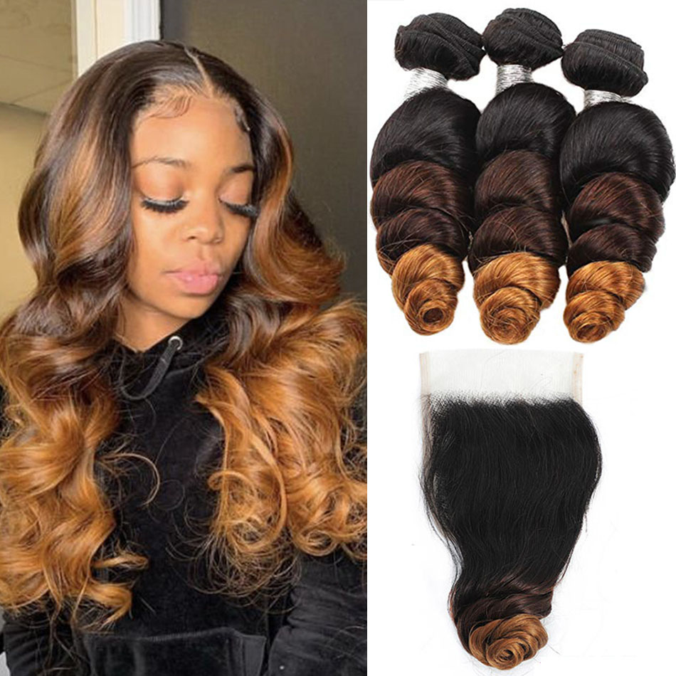 1B/4/30 Ombre Loose Wave Bundles with 4x4 Closure Loose Wave Brazilian Virgin Human Hair Three-tone 1B 4 30 Bundles with Lace Closure