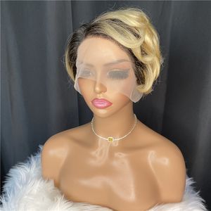 1b/613 Blonde courte Bob Pixie Cut perruque cheveux humains brésiliens bouclés 13x1 partie dentelle perruques pour les femmes