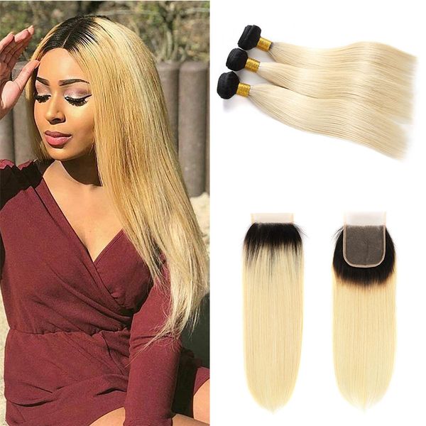 1B / 613 # Miel Blonde Remy Armure De Cheveux Humains Avec Fermeture Brésilienne Droite Ombre Platine Blonde Faisceaux De Cheveux Humains Avec Fermeture À Lacets