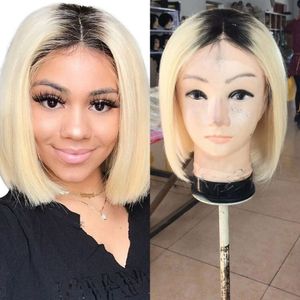 1B 613 Lace Front Wigs 13x4 Cheveux Raides Brésiliens Blonde Ombre Court Bob Perruque pour les Femmes Noires