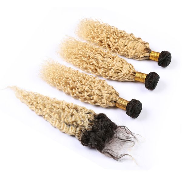 # 1B / 613 Trames de cheveux humains ondulés humides brésiliens ombrés avec fermeture 3 paquets Ombre Blonde vague d'eau tissages de cheveux vierges avec fermeture en dentelle 4x4
