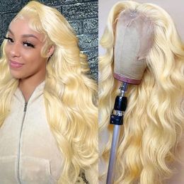 Vague de corps brésilien Transparent 613 Lace Frontal Human Hair Wigs Honey Blonde Prépaillé 13X6