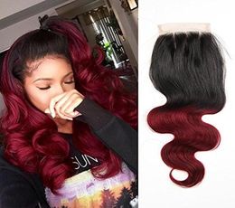 1b 99J 35x4quot Braziliaanse sluiting van echt haar 1b Bordeaux Body Wave Braziliaanse Ombre Wijnrood haar Vetersluiting Hair Extensions 5564482