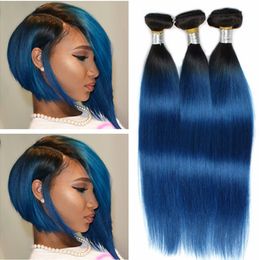 #1B/Blue Dark Root Ombre Brazilian Human Hair Weave Bundles Straight Black and dark Blue 2Tone Ombre Human Hair Weft Extensions 3Pcs Lot