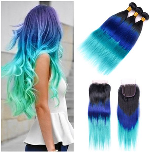 # 1B / Bleu / Vert Ombre Cheveux Vierges Brésiliens Tisse avec Fermeture Droite Trois Tons Ombre Cheveux Humains 3 Bundles avec 4x4 Dentelle Top Fermeture