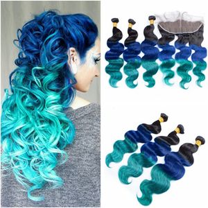 # 1B / Blue / Green Ombre Virgin Brazilian Human Hair Bundles con 13x4 Full Lace Frontal Closure Three Tone Colored Human Hair Weaves