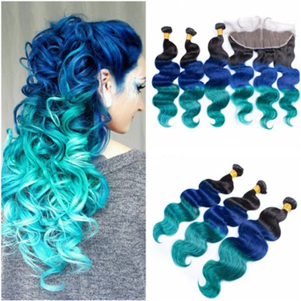 # 1B / Bleu / Vert Ombre Bundles de cheveux humains brésiliens vierges avec 13x4 fermeture frontale en dentelle pleine trois tons de cheveux humains tisse