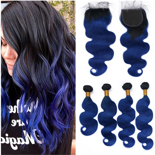 # 1B / Blue Ombre Body Wave El cabello humano malasio teje con cierre 4 paquetes Ombre Dark Blue Black Roots Cabello ondulado con cierre de encaje 4x4