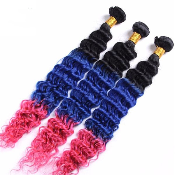# 1B / Azul / Rosa Ombre Paquetes de cabello humano peruano de onda profunda Negro y azul Rosa Tres tonos Ombre Cabello humano virgen teje extensiones
