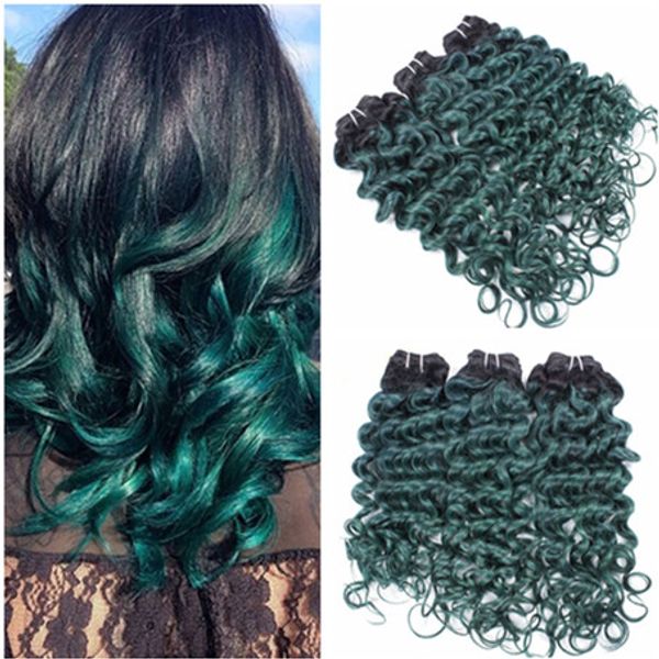 # 1B / Verde Ombre Extensiones de cabello humano brasileño 3 piezas Onda profunda Verde oscuro Ombre Virgen Remy Paquetes de cabello humano El cabello brasileño teje