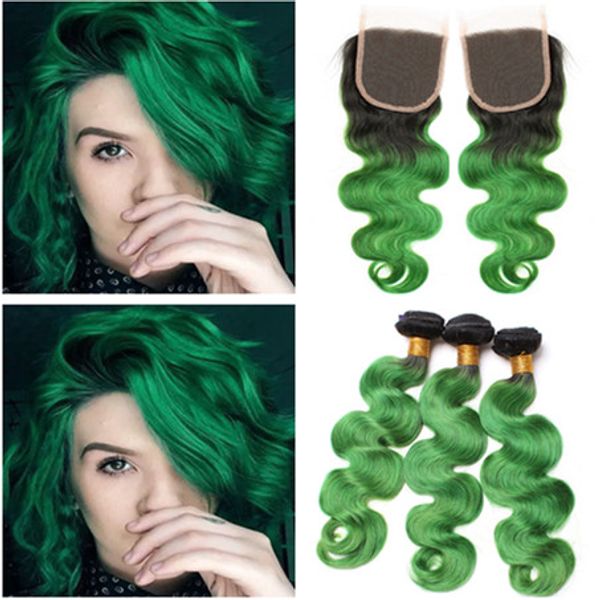 1B / Vert Ombre Malaisienne Vierge Corps Vague de Cheveux Humains Tisse 3Bundles avec 4x4 Deux Tons Vert Ombre Dentelle Avant Fermeture 4Pcs Lot