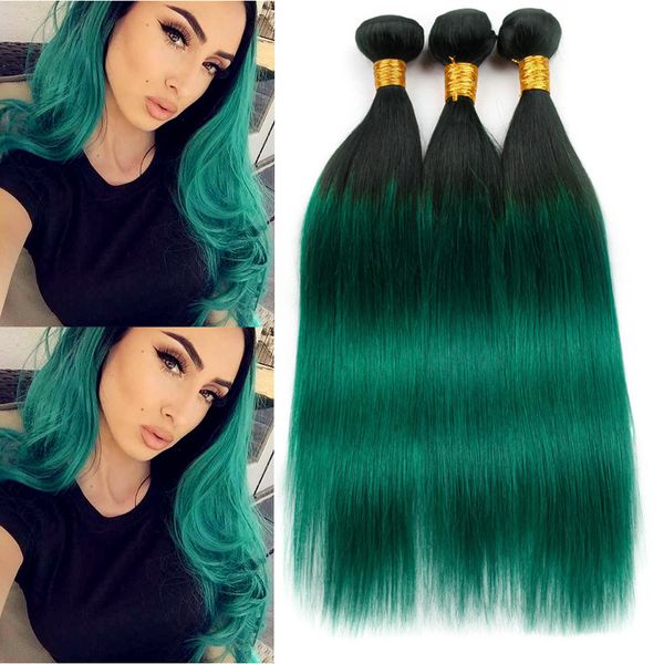 # 1B / Vert Ombre Droite Péruvienne Cheveux Humains 3Bundles Racines Noires à Vert Foncé Ombre Vierge Extensions de Tissage de Cheveux Humains Double Trames 10-30