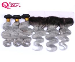 1B Gris Vague de Corps Ombre Brésilienne Vierge Cheveux Humains Bundles 3 Pcs Avec 13x4 Oreille à Oreille Dentelle Frontale Avec Bébé Cheveux Preplucked1287609