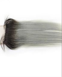 1B gris droit 44 fermeture à lacets avec des cheveux de bébé racines foncées couleur grise non Remy brésilien Ombre cheveux humains Closures9323666