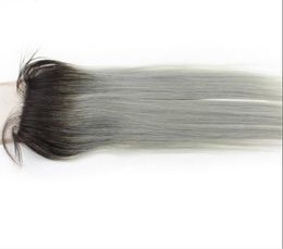 1B gris raide 44 Clôture en dentelle avec les cheveux de bébé racines foncées Couleur gris non remy brésilien ombre fermetures de cheveux humains9420244
