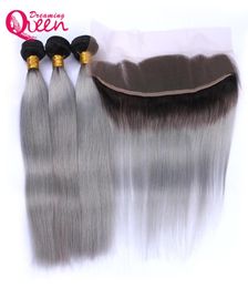 1B Gris Droit Ombre Brésilienne Vierge Extensions de Cheveux Humains 3 Faisceaux Avec 13x4 Oreille à Fermeture De Dentelle D'oreille Avec Bébé Cheveux Prepluck4951007
