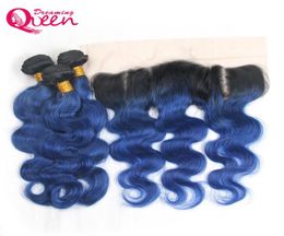 1B Ocean Blue Body Wave Ombre El cabello humano virgen brasileño teje 3 paquetes con 13x4 de oreja a oreja Nudos blanqueados Cierre frontal de encaje6122245