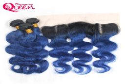 1B Ocean Blue Body Wave Ombre Brésilien Vierge Cheveux Humains Tisse 3 Faisceaux Avec 13x4 Oreille à Oreille Noeuds Blanchis Dentelle Frontale Closur2505312