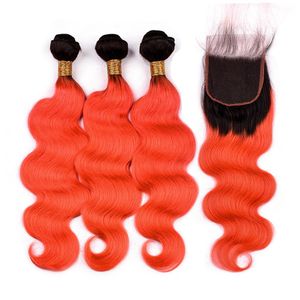 # 1B / Orange Ombre Indian Body Wave Paquetes de cabello humano con cierre Ombre Orange Ondulado Tejido de cabello humano Tramas con cierre de encaje frontal 4x4