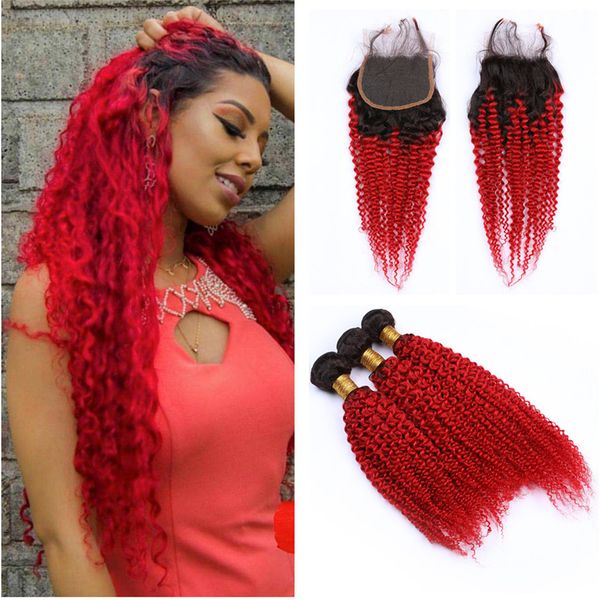 1B Red Kinky Curly Hair teje con cierre de encaje Red Ombre Extensiones de cabello con cierre de encaje Afro Kinky Virgin Malaysian Hair Weaves