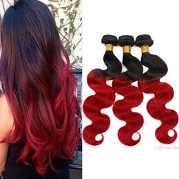 1B Red Ombre Virgin Malaysian Human Hair Weave Bundles 3Pcs Lot Dark Roots Dos tonos Extensiones de cabello peruano de color Body Wave Tramas dobles