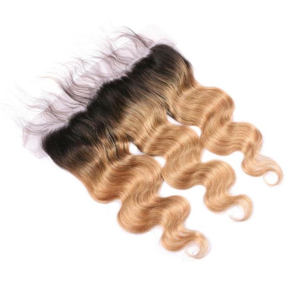 1B27 Miel Blonde Ombre Cheveux Humains Brésiliens Pleine Dentelle 13x4 Oreille à Oreille Frontale Vague de Corps Brun Clair Ombre Dentelle Frontale Fermeture2443001