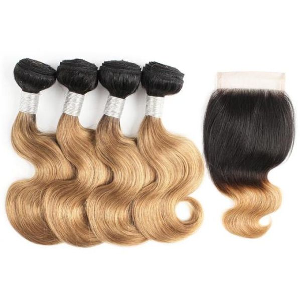 1B27 Paquetes de cabello rubio degradado con cierre Onda del cuerpo brasileño 50 g Paquete 10 12 pulgadas Extensiones de cabello humano Remy de cabello corto Bob 52019964882