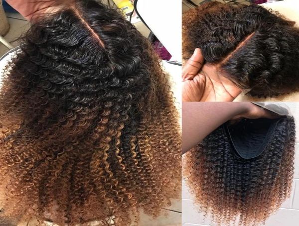 1b30 Ombre Peluca rizada rizada para las mujeres Pelucas brasileñas del cierre del cordón 4X4 Cabello humano virginal del rizo afro arrancado con el pelo del bebé 150 Densi5541607