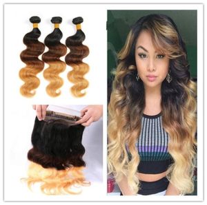 1B427 Honey Blonde Ombre 360 Lace Frontal con paquetes 9A Cabello de ola de cuerpo brasileño con cierre de encaje de banda 360 frontal completa7627639