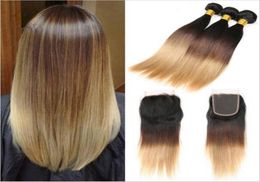 1B427 Honey Blonde Ombre Cabello brasileño 3 paquetes con cierre de encaje Raíces oscuras Tres tonos Sedoso Cabello recto Ombre teje con 7410567