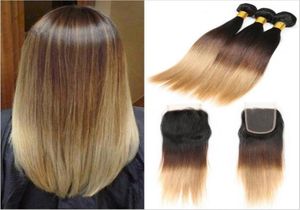 1B427 Honingblond Ombre Braziliaans haar 3 bundels met vetersluiting Donkere wortels Driekleurige zijdeachtig steil Ombre-haar weeft met 7410567