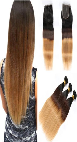 1B427 Honey Blonde Ombre Cabello humano brasileño Tejidos rectos con cierre Cierre de encaje frontal 4x4 de tres tonos con 3Bund2269833