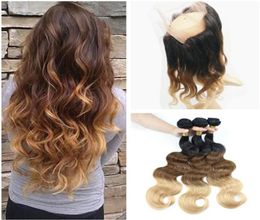 1B427 Honingblond Ombre Pre-geplukt 360 Full Lace Frontale Sluiting Met 3 Bundels Driekleurige Braziliaanse Body Wave Weefsel van echt haar8820644