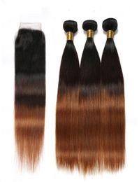 1B430 Noir brun auburn 3tone ombre brésilien Brésilien Touts de cheveux avec fermeture moyenne droite Auburn ombre 4x4 Fermeture en dentelle avec 5263722