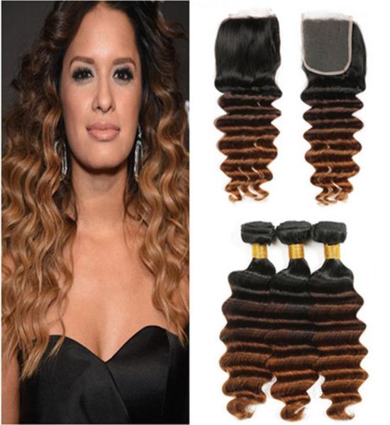 1B430 Black Brown Auburn 3Tone Ombre Paquetes de cabello humano virgen indio Onda profunda con cierre de encaje frontal Medium Auburn Ombre 4x48257511