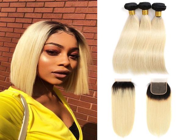 1B613 Ombre Blonde brésilienne droite Remy cheveux humains 3 paquets avec fermeture en dentelle 4x4 faisceaux et fermeture blond platine ombré7846776