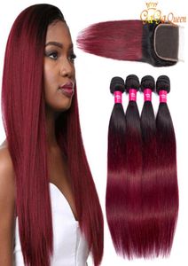 Mèches brésiliennes naturelles lisses avec Closure, ombré bordeaux, 4x4, 1b99j, Gagaqueen1216158