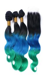 1BBlueGreen Ombre Menselijk Haar Bundels 3 Stuks Met 44039039 Vetersluiting Drie Tone Teal Ombre Hair Extensions Braziliaanse Bod53354796210619