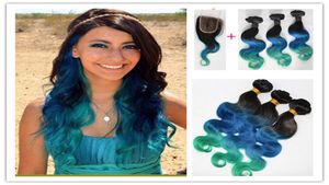 1BBlueTeal Maleisische Ombre Haarbundels Met 44 Body Wave Vetersluiting 3 Stuks Ombre Haar Weave Met Sluiting Afscheid 4PCSLot5474420