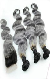 1BGrey Paquetes de cabello humano brasileño Ombre con cierre de encaje gris plateado Tejido de cabello de dos tonos con cierre Cuerpo ondulado 4 piezas L5871898