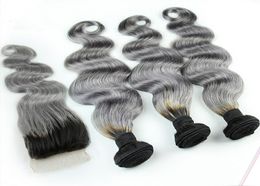 1BGREY Brazilian ombre Human Hair Bundles with Silver Grey Lace Fermeure Two Tone Clair Weave With Close Body Wavy 4PCSL6165212