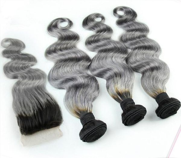 1BGrey Brésilien Ombre Bundles De Cheveux Humains Avec Fermeture En Dentelle Gris Argent Deux Tons Colorés Armure De Cheveux Avec Fermeture Corps Ondulé 4PcsL7062359