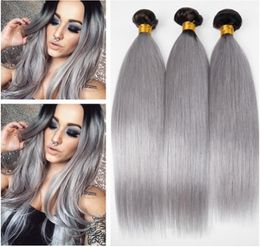 1bgrey Root foncé ombre ombre péruvienne Human Hair tisser les paquets droits noir et argent gris ombre cheveux humains extensions de trame 3pcs lo5160150