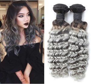 1BGrey Ombre Paquetes de tejido de cabello humano brasileño Raíz oscura Onda profunda Ondulado Gris plateado Ombre Extensiones de trama de cabello humano virgen 3Pc3210262