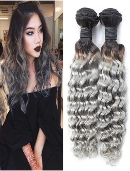 1BGrey Ombre Brésilienne Cheveux Weave Bundles Foncé Racine Vague Profonde Ondulé Argent Gris Ombre Vierge Extensions de Trame de Cheveux Humains 3Pc2292303